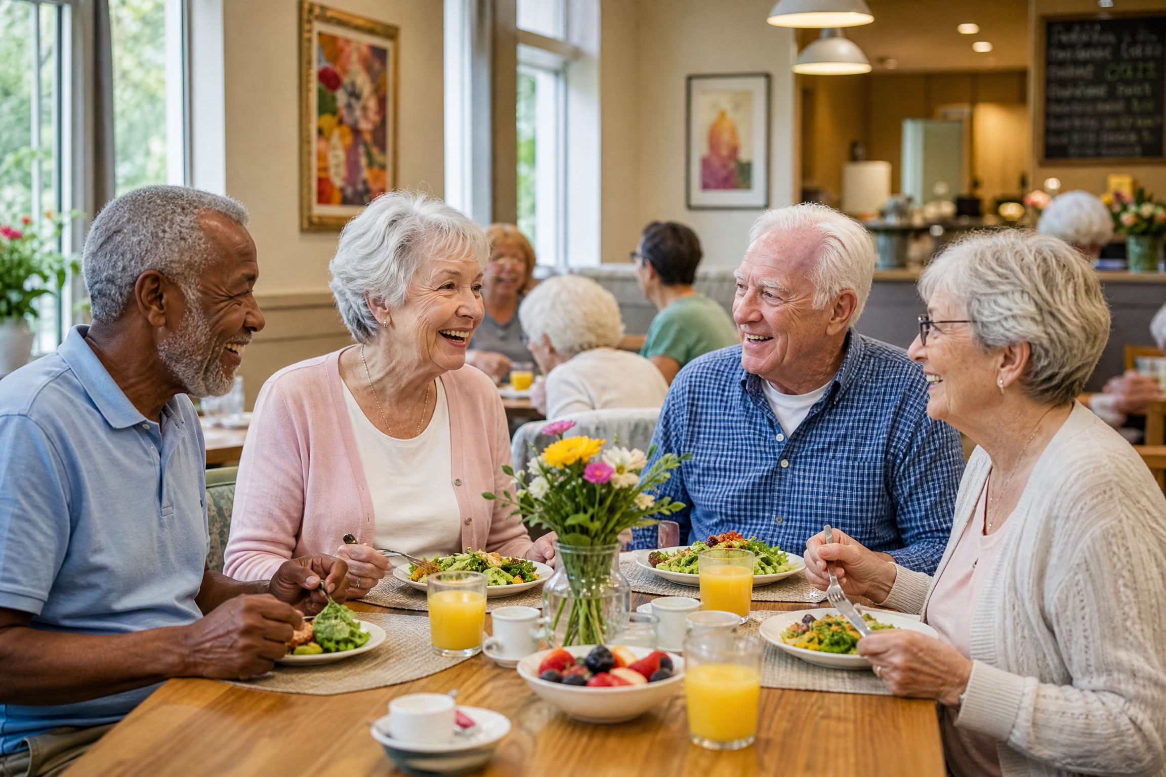 Diverse group of seniors laughing and enjoying fresh healthy meals together in cafe-style dining room at DayBreak Adult Daycare Center Maryland Heights Missouri
