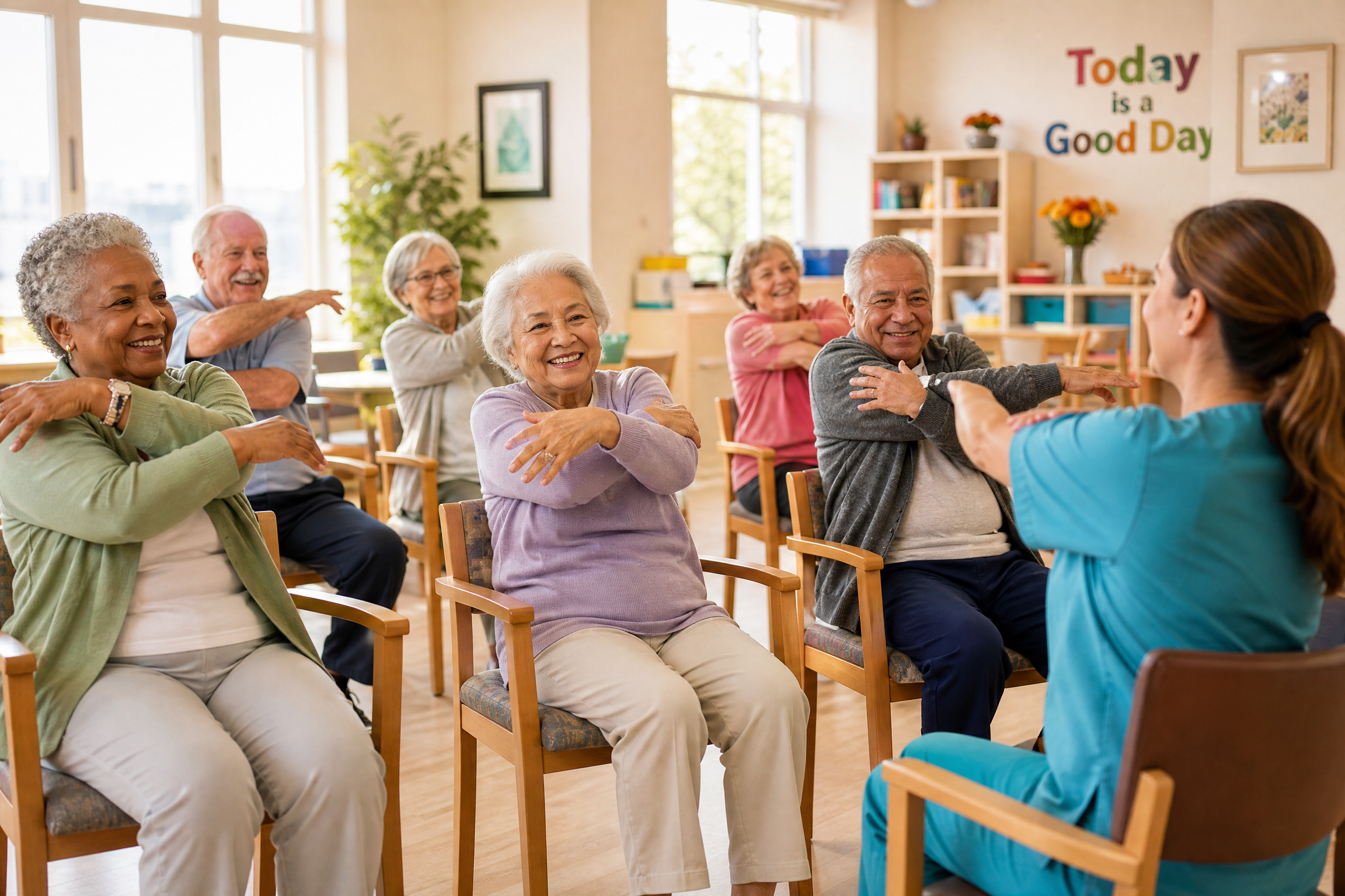 Diverse group of seniors doing chair exercises led by a caring staff member in teal scrubs at DayBreak Adult Daycare Center Maryland Heights Missouri