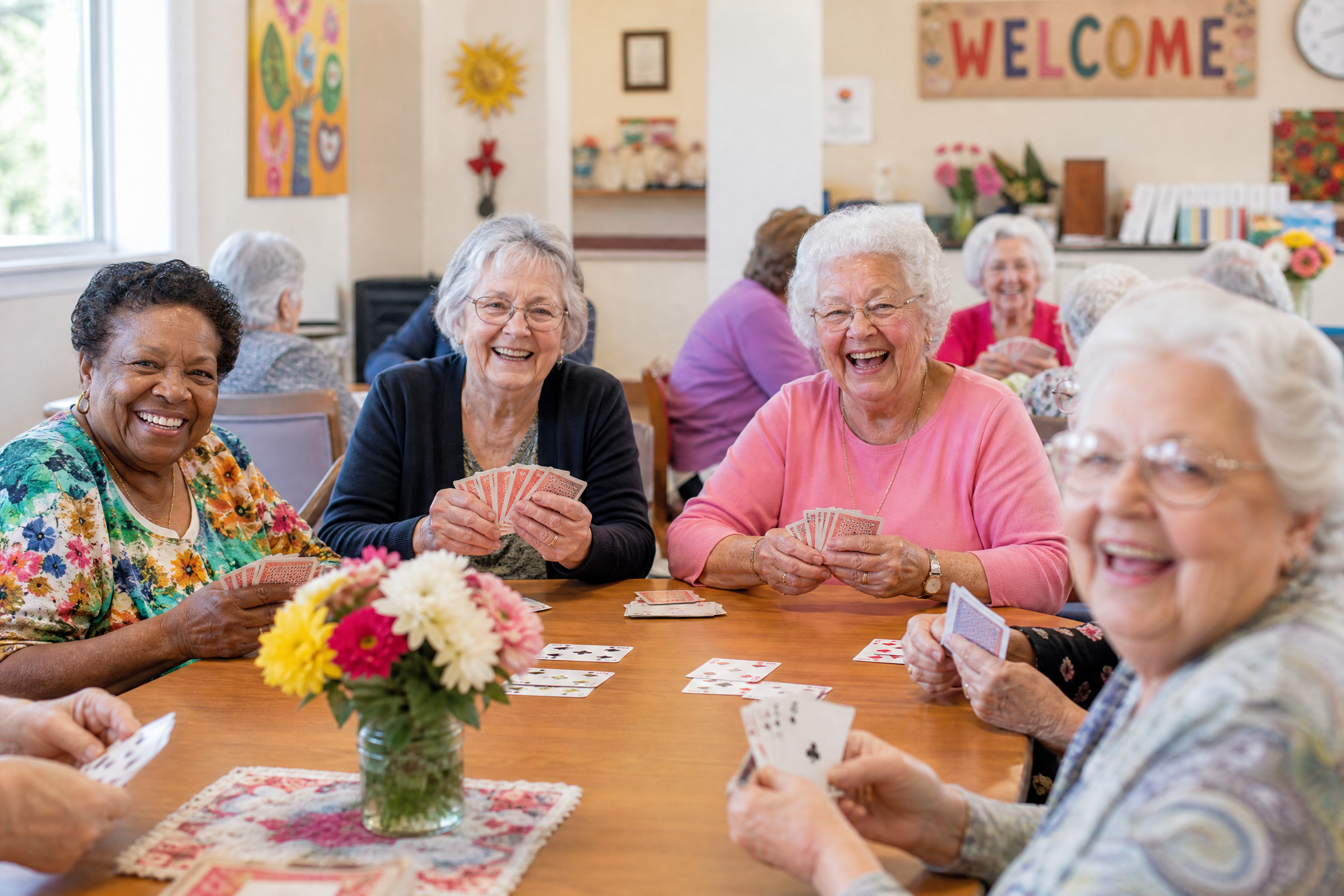 Diverse group of senior women laughing and playing cards together at DayBreak Adult Daycare Center Maryland Heights Missouri